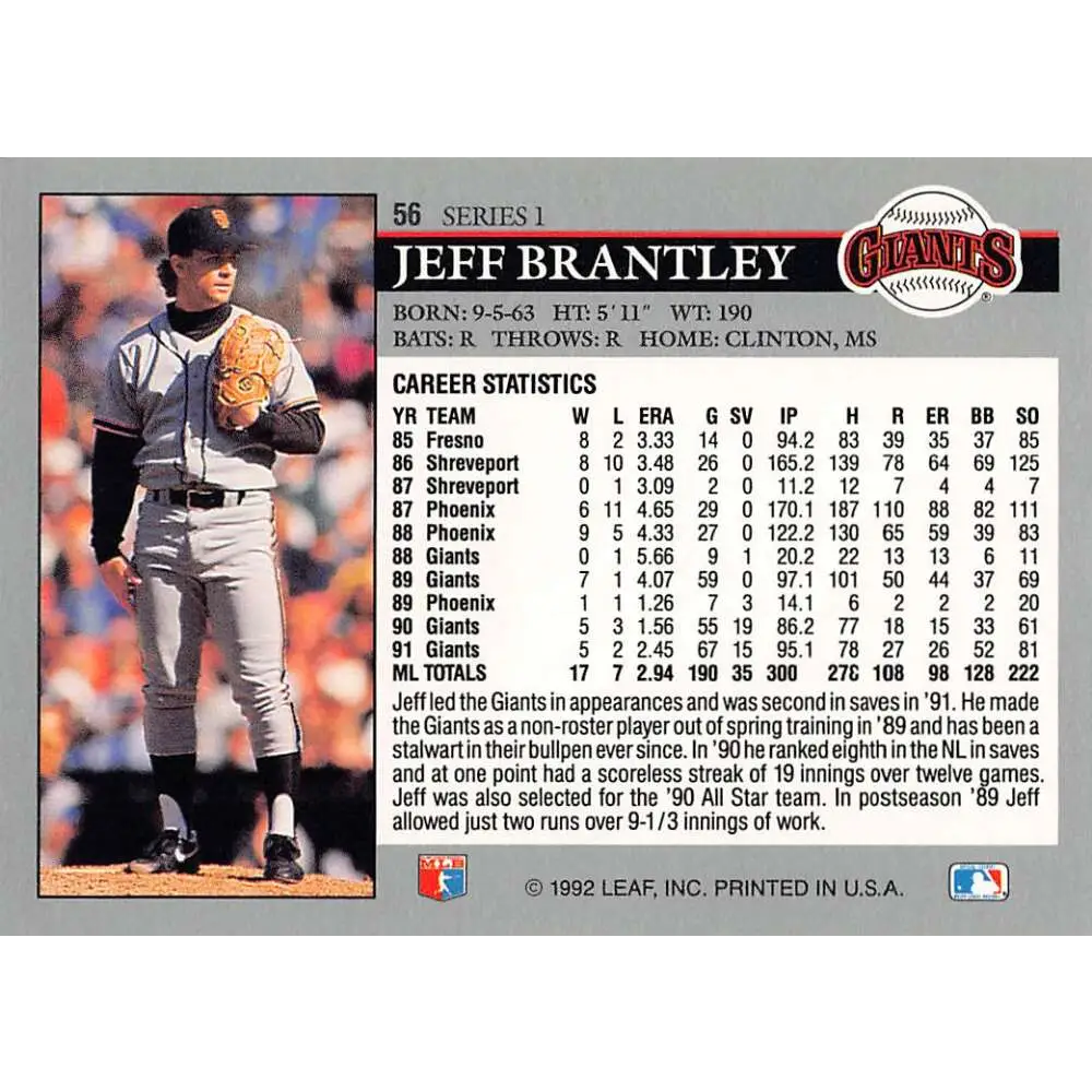 1992 Leaf #56 Jeff Brantley NM-MT San Francisco Giants Baseball Card Image 2