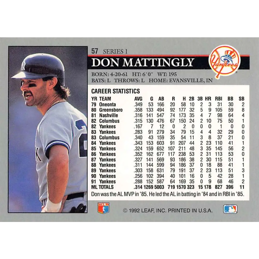 1992 Leaf #57 Don Mattingly NM-MT New York Yankees Baseball Card Image 2