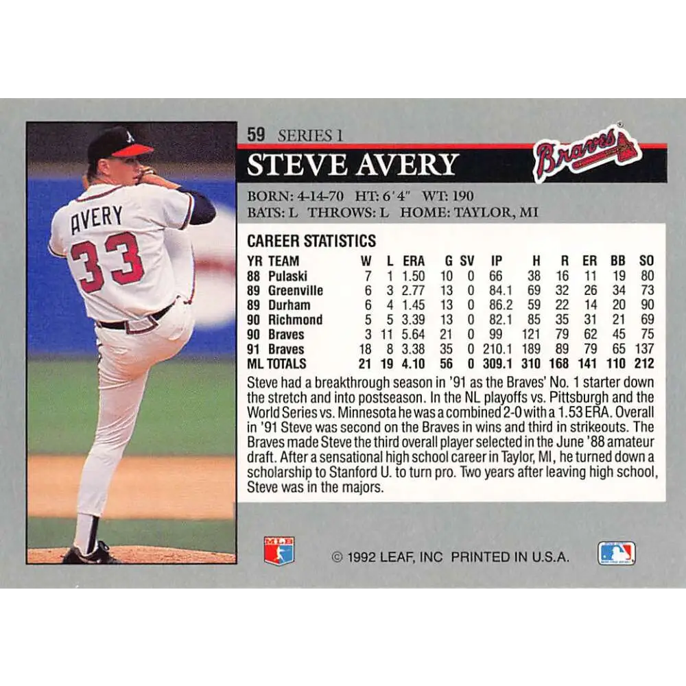1992 Leaf #59 Steve Avery NM-MT Atlanta Braves Baseball Card Image 2