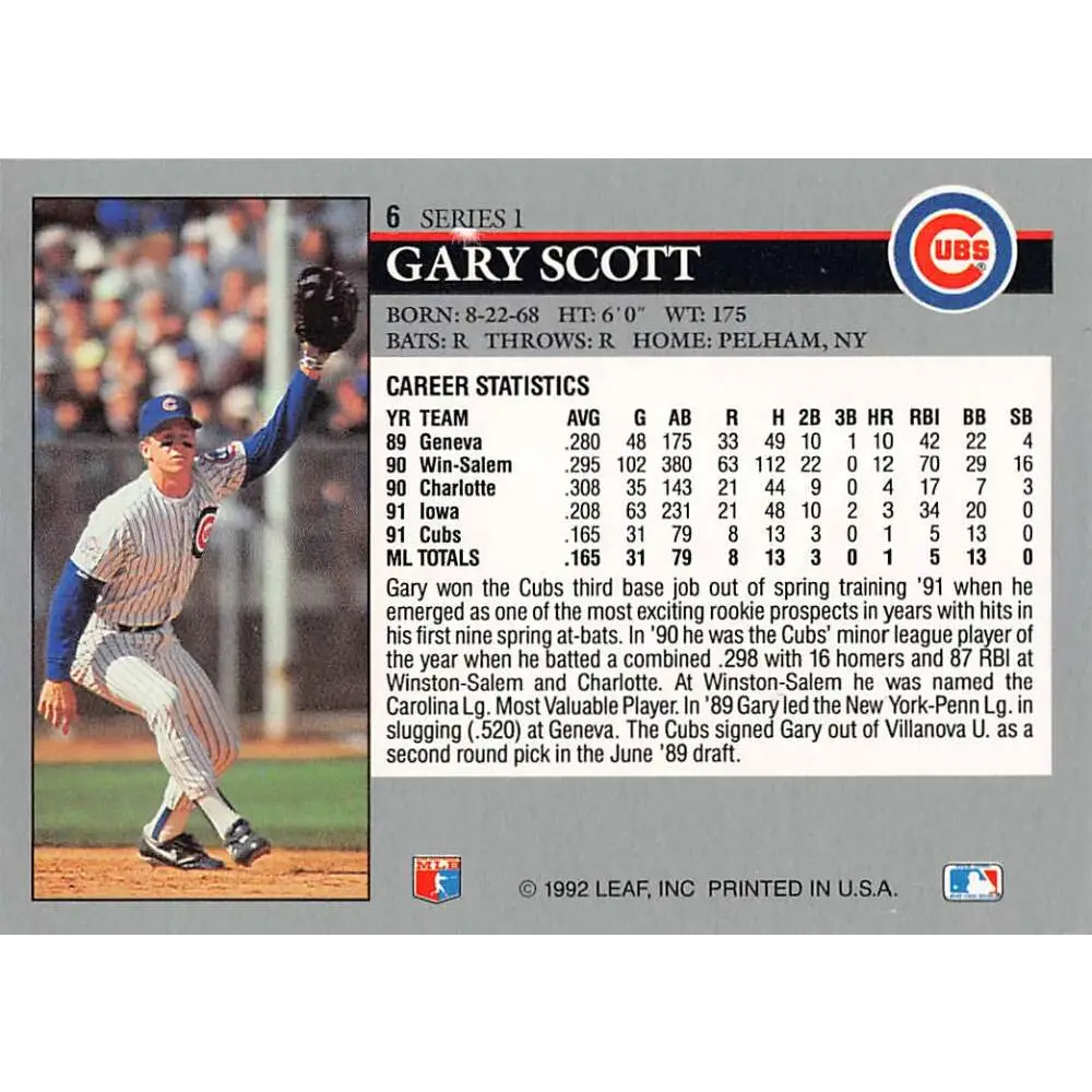 1992 Leaf #6 Gary Scott NM-MT Chicago Cubs Baseball Card Image 2