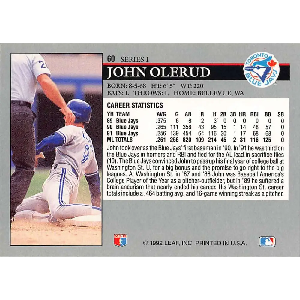 1992 Leaf #60 John Olerud NM-MT Toronto Blue Jays Baseball Card Image 2
