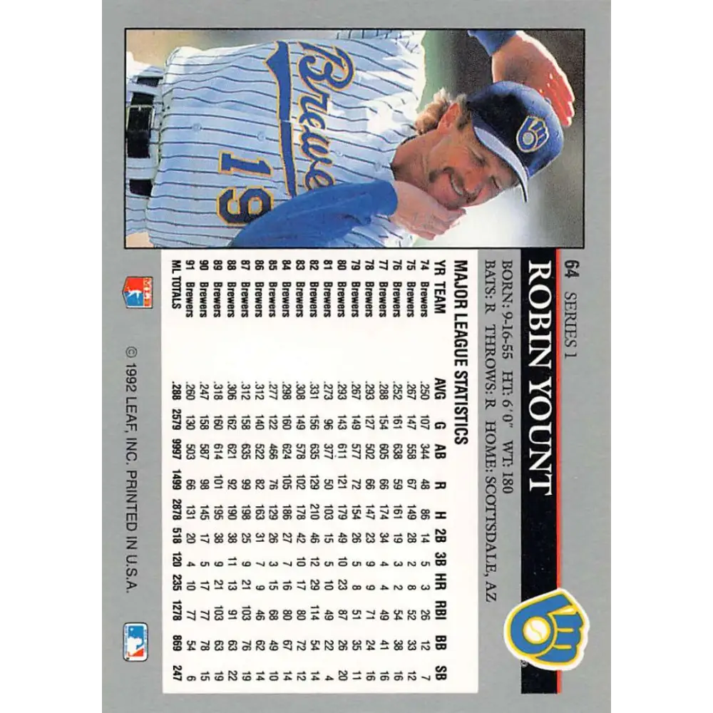 1992 Leaf #64 Robin Yount NM-MT Milwaukee Brewers Baseball Card Image 2