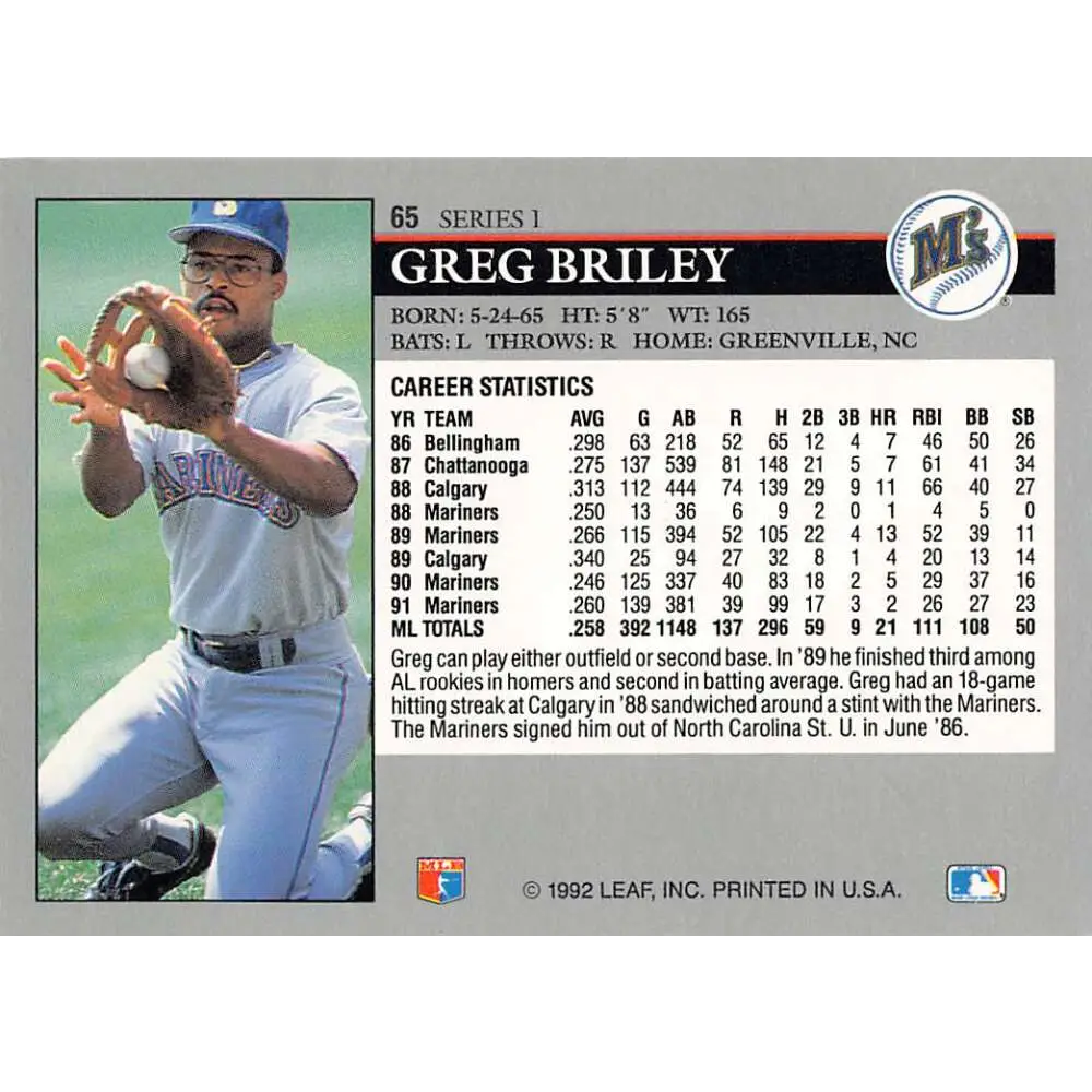 1992 Leaf #65 Greg Briley NM-MT Seattle Mariners Baseball Card Image 2