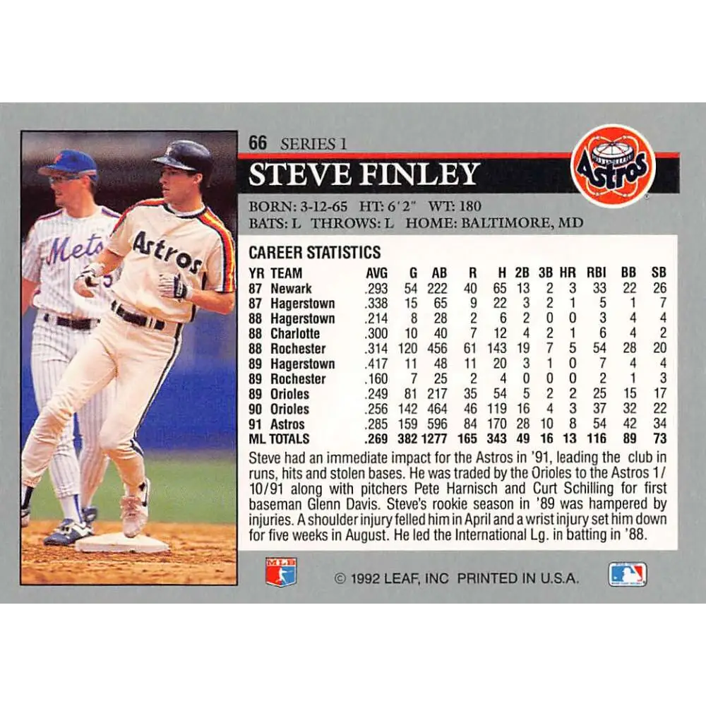 1992 Leaf #66 Steve Finley NM-MT Houston Astros Baseball Card Image 2