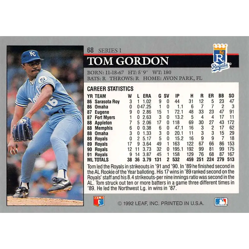 1992 Leaf #68 Tom Gordon NM-MT Kansas City Royals Baseball Card Image 2