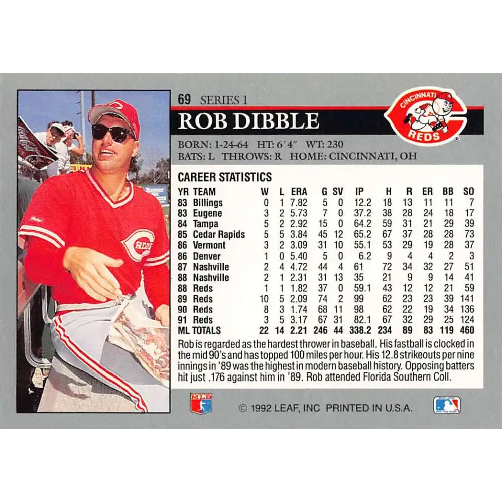 1992 Leaf #69 Rob Dibble NM-MT Cincinnati Reds Baseball Card Image 2