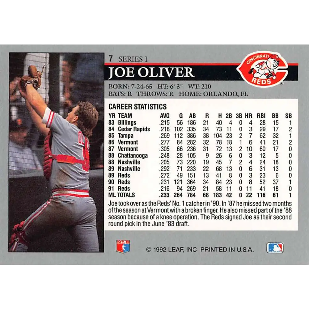 1992 Leaf #7 Joe Oliver NM-MT Cincinnati Reds Baseball Card Image 2
