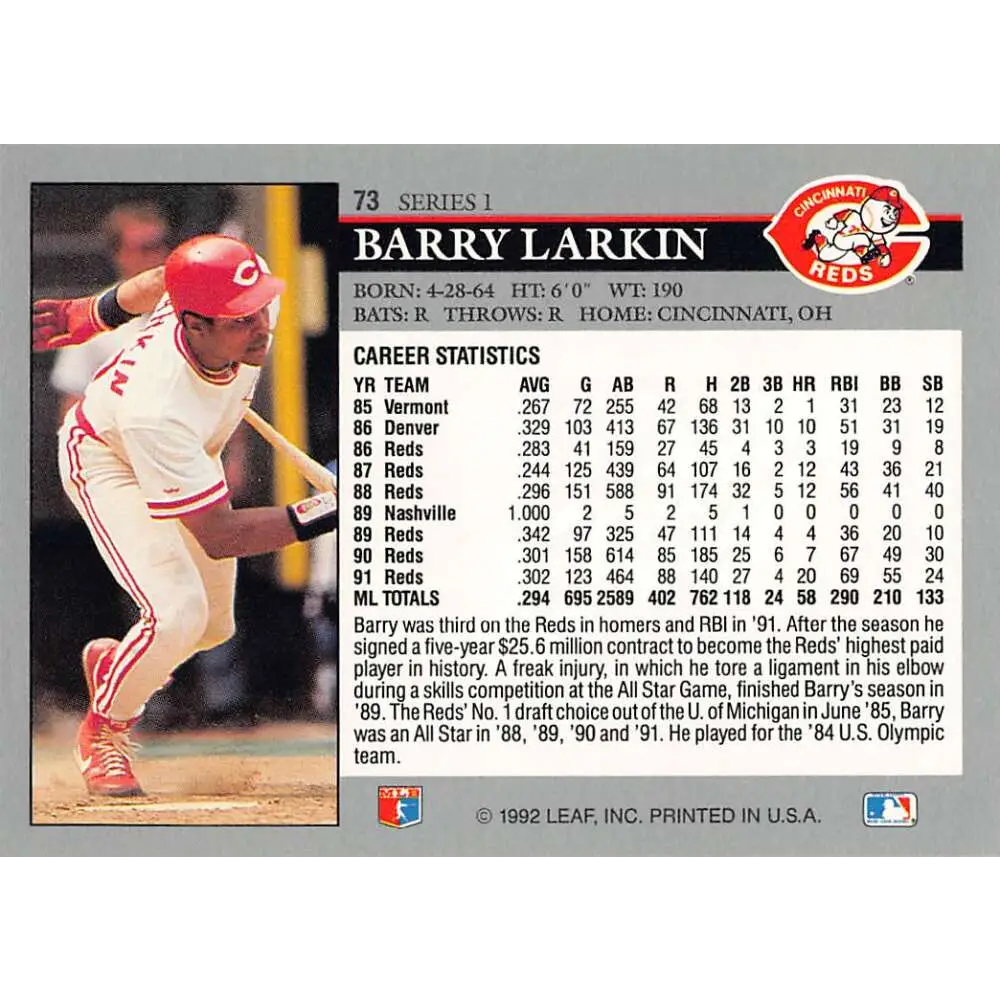 1992 Leaf #73 Barry Larkin NM-MT Cincinnati Reds Baseball Card Image 2