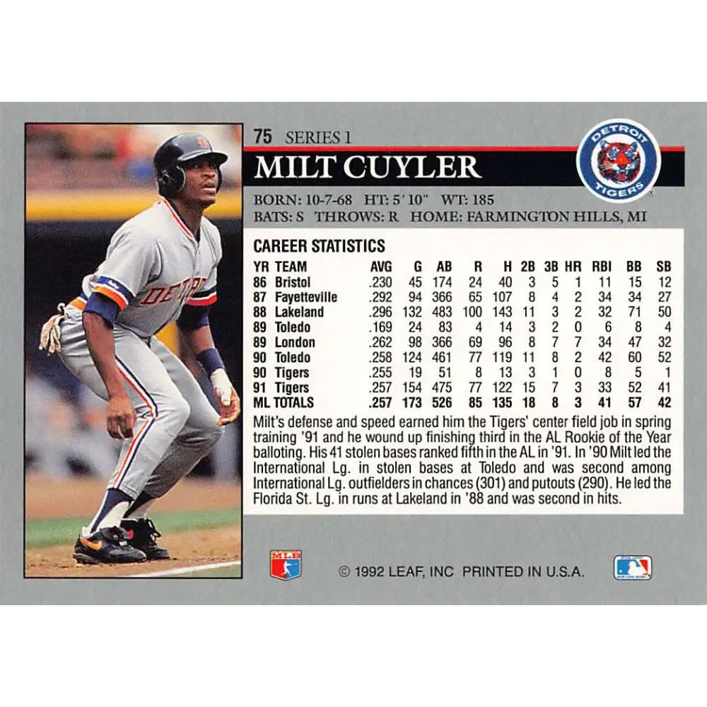 1992 Leaf #75 Milt Cuyler NM-MT Detroit Tigers Baseball Card Image 2