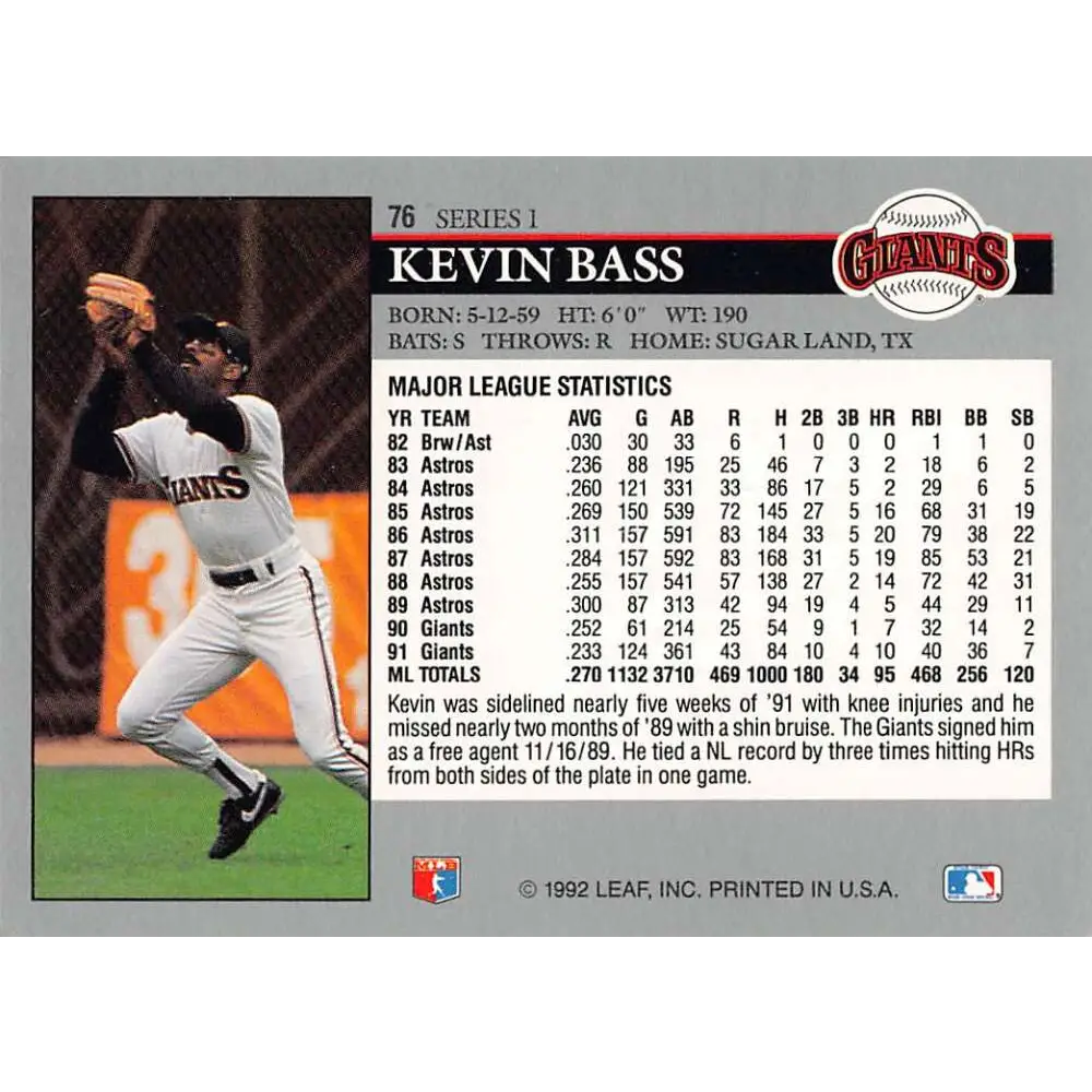 1992 Leaf #76 Kevin Bass NM-MT San Francisco Giants Baseball Card Image 2