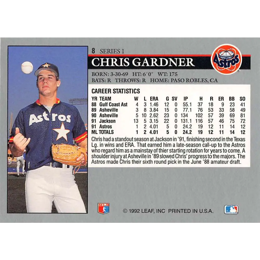 1992 Leaf #8 Chris Gardner NM-MT RC Rookie Houston Astros Baseball Card Image 2