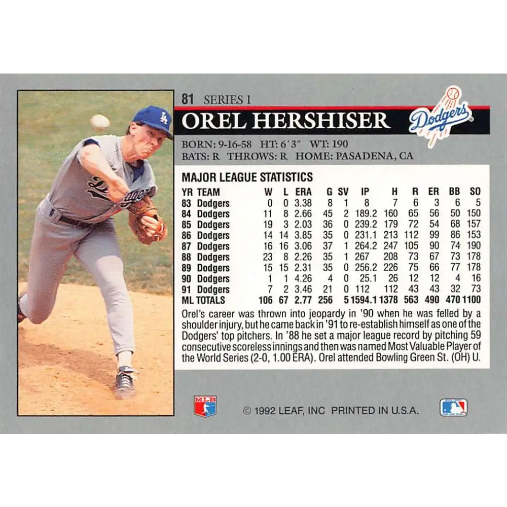 1992 Leaf #81 Orel Hershiser NM-MT Los Angeles Dodgers Baseball Card Image 2