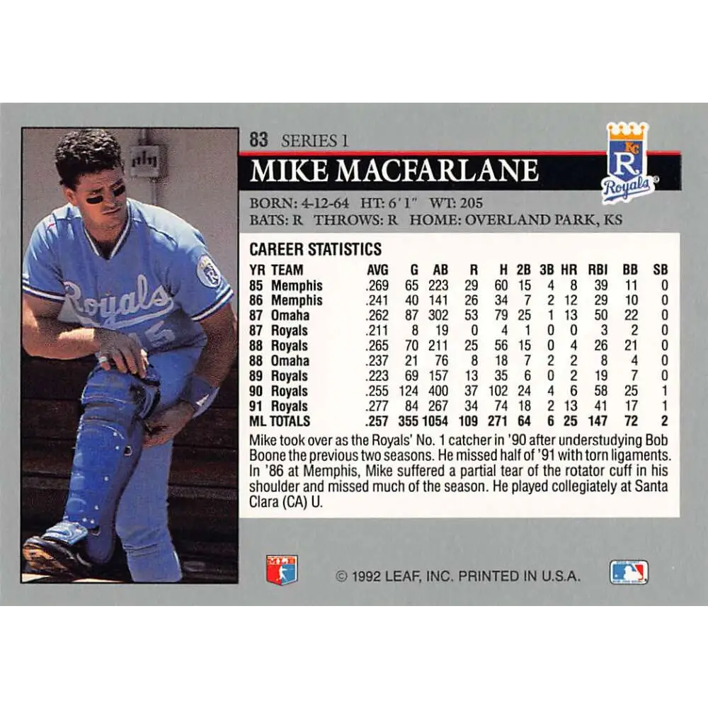 1992 Leaf #83 Mike Macfarlane NM-MT Kansas City Royals Baseball Card Image 2