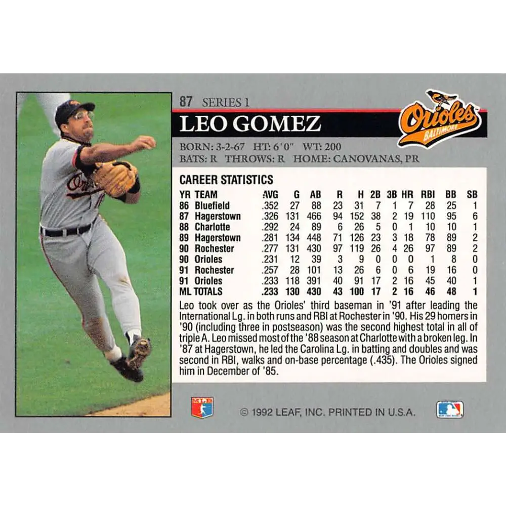 1992 Leaf #87 Leo Gomez NM-MT Baltimore Orioles Baseball Card Image 2