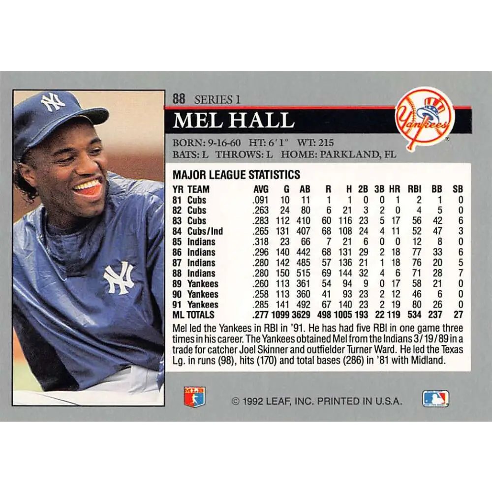 1992 Leaf #88 Mel Hall NM-MT New York Yankees Baseball Card Image 2