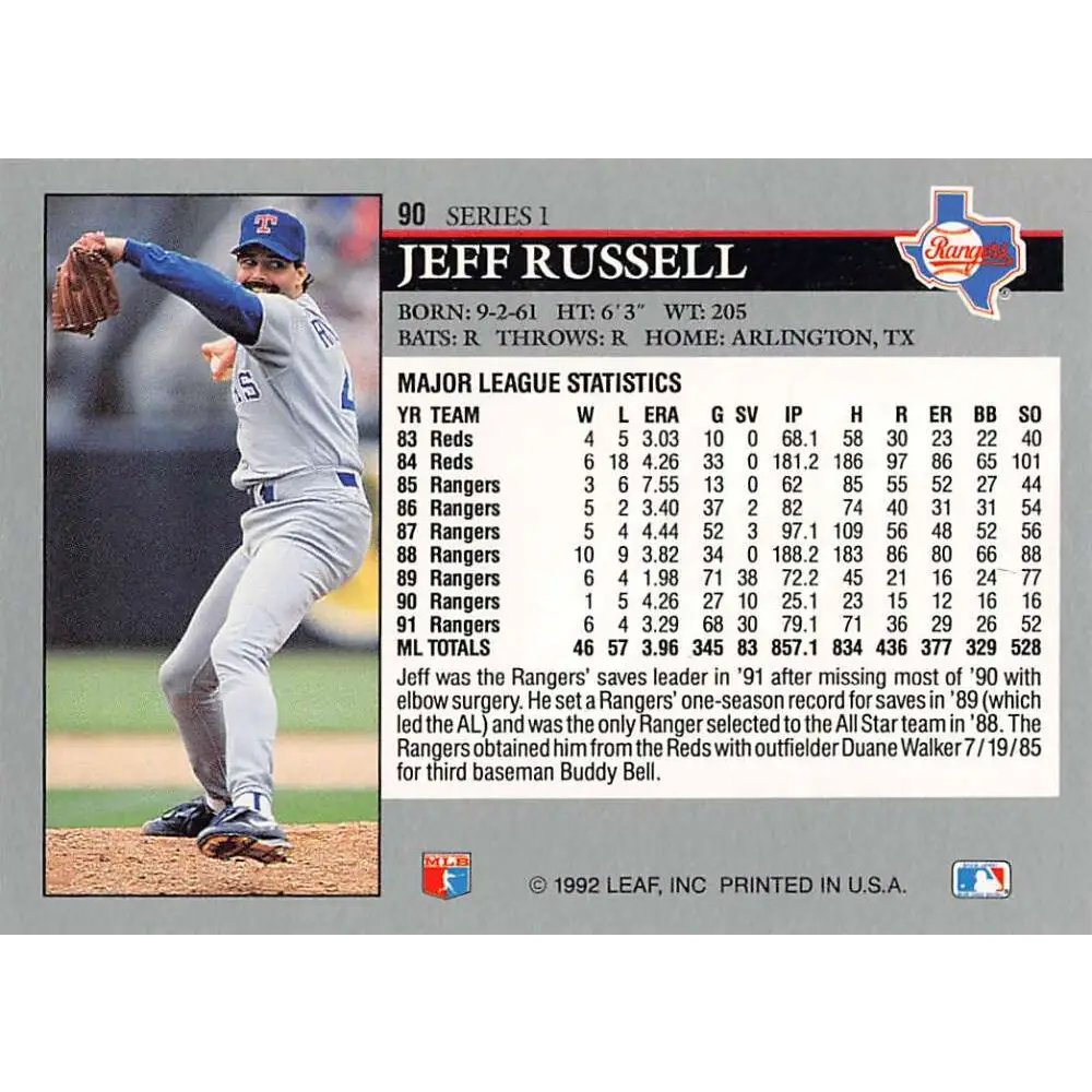 1992 Leaf #90 Jeff Russell NM-MT Texas Rangers Baseball Card Image 2