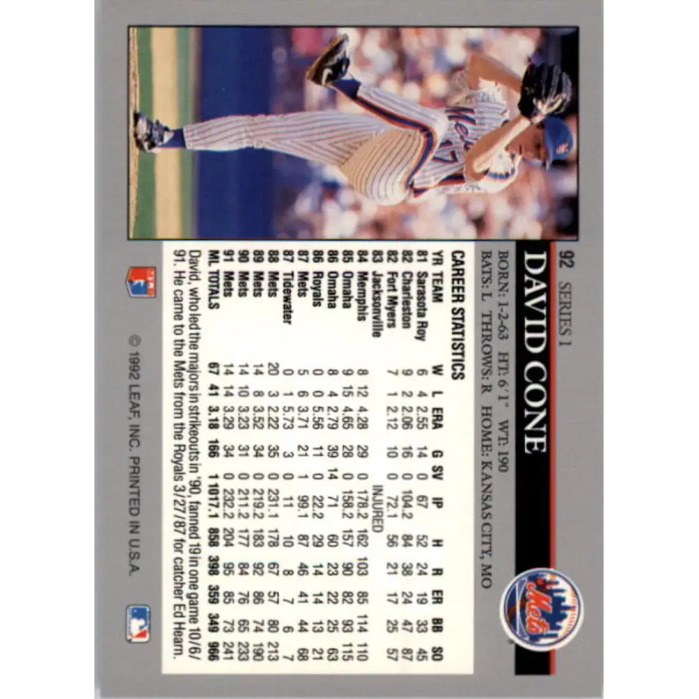 1992 Leaf #92 David Cone NM-MT New York Mets Baseball Card Image 2