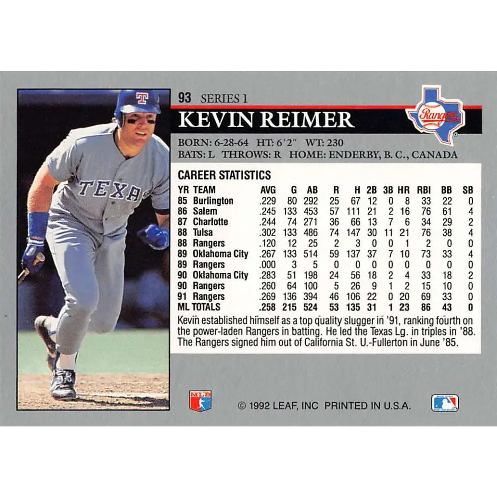1992 Leaf #93 Kevin Reimer NM-MT Texas Rangers Baseball Card Image 2
