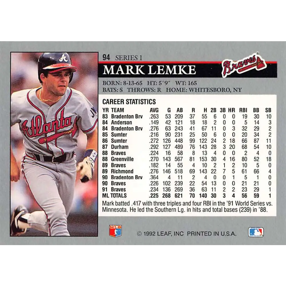 1992 Leaf #94 Mark Lemke NM-MT Atlanta Braves Baseball Card Image 2