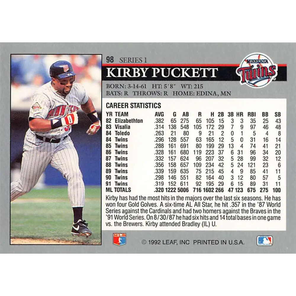 1992 Leaf #98 Kirby Puckett NM-MT Minnesota Twins Baseball Card Image 2