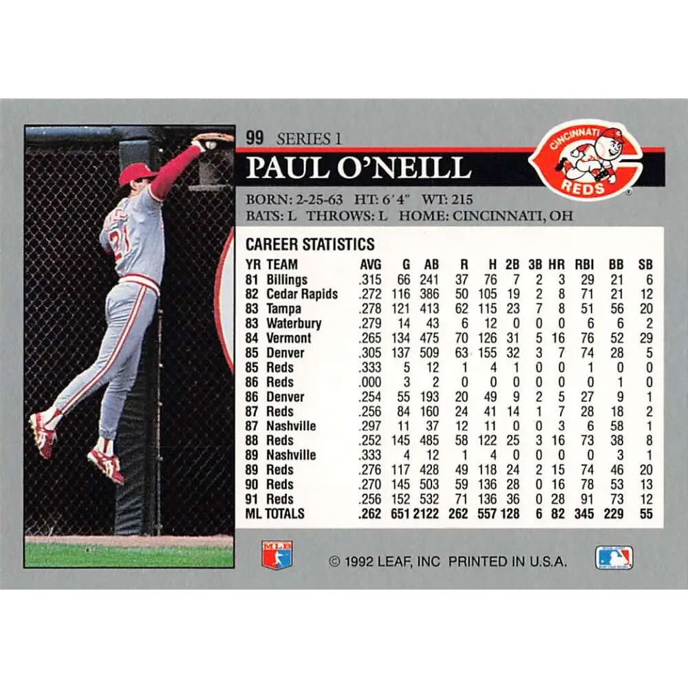 1992 Leaf #99 Paul O'Neill NM-MT Cincinnati Reds Baseball Card Image 2
