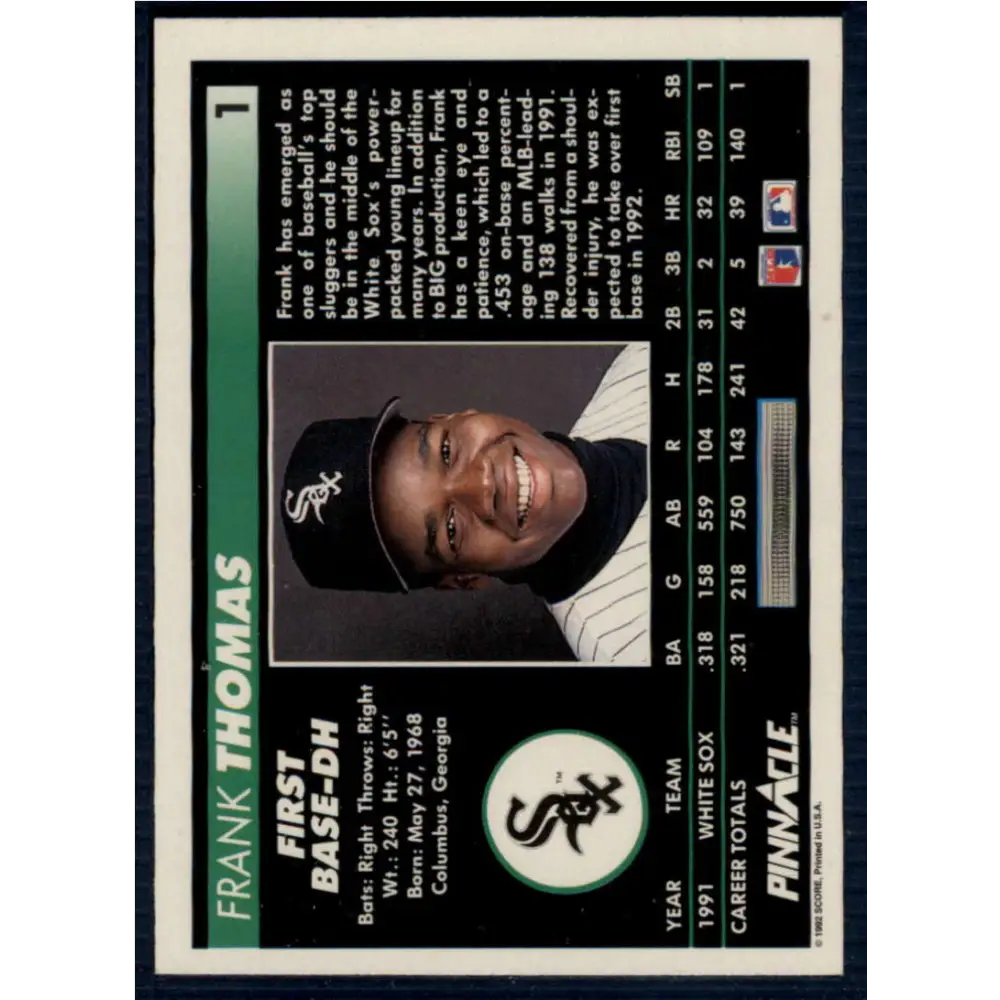 1992 Pinnacle #1 Frank Thomas EX Chicago White Sox Baseball Card Image 2
