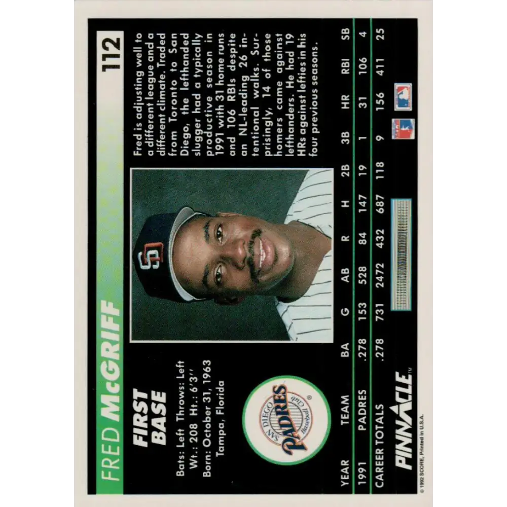1992 Pinnacle #112 Fred McGriff EX San Diego Padres Baseball Card Image 2