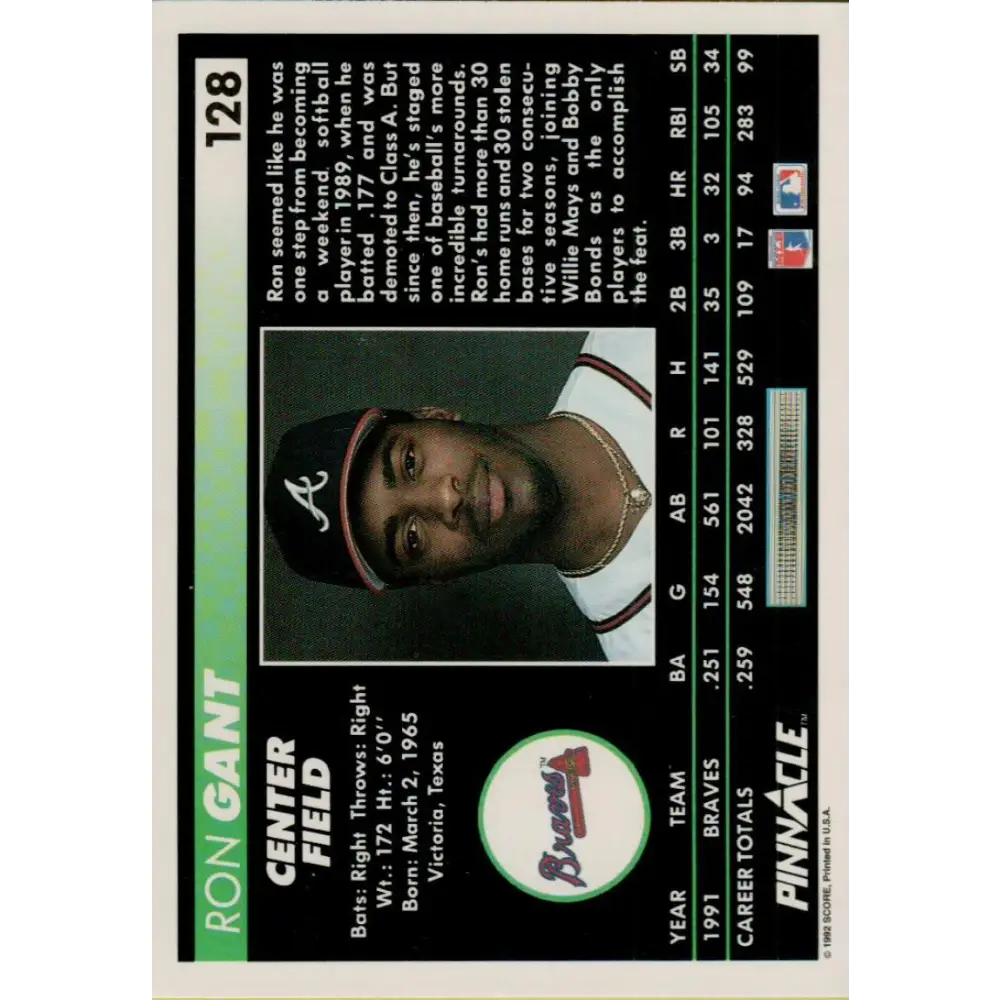 1992 Pinnacle #128 Ron Gant EX Atlanta Braves Baseball Card Image 2