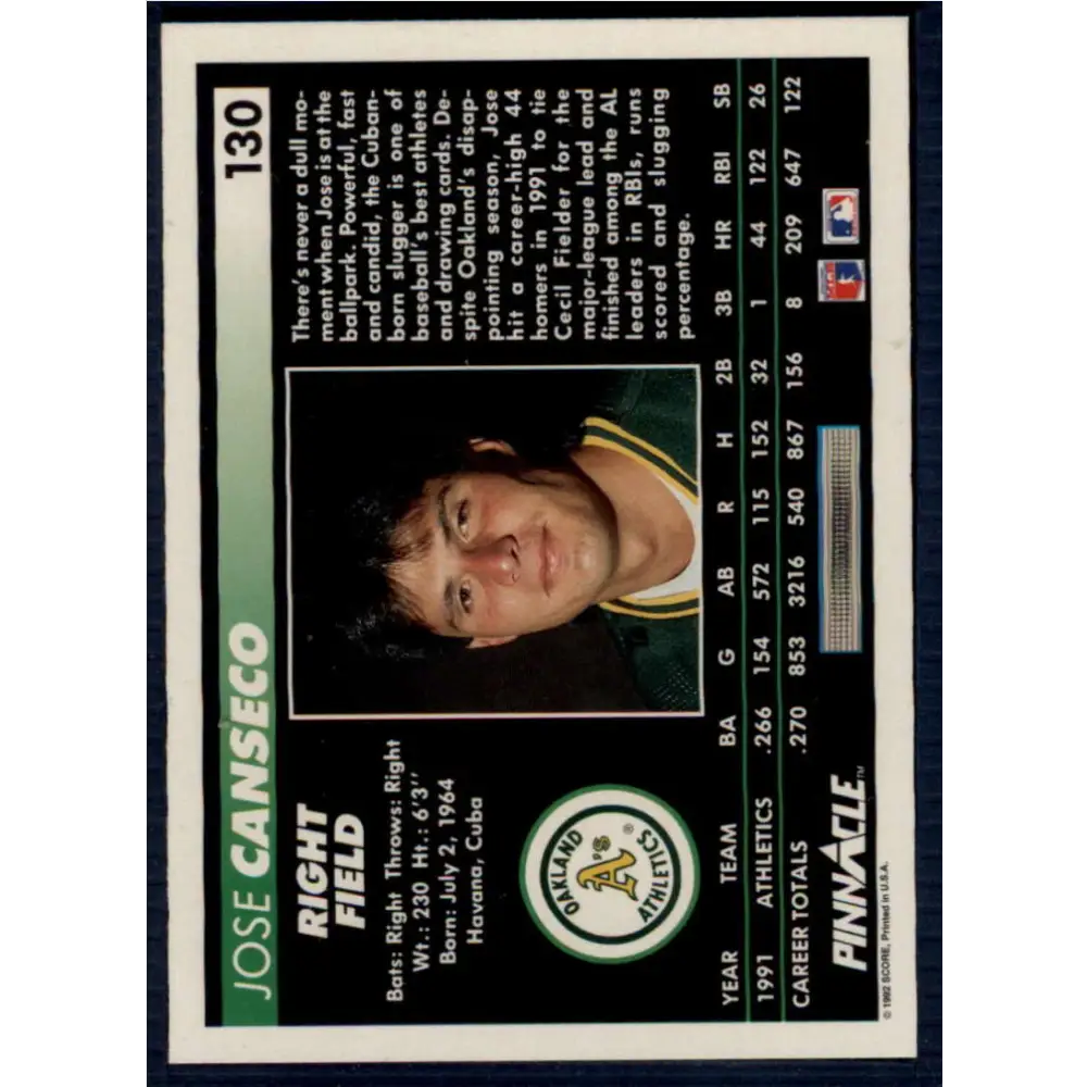 1992 Pinnacle #130 Jose Canseco EX Oakland Athletics Baseball Card Image 2