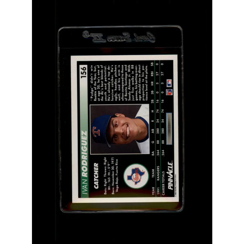 1992 Pinnacle #156 Ivan Rodriguez EX Texas Rangers Baseball Card Image 2