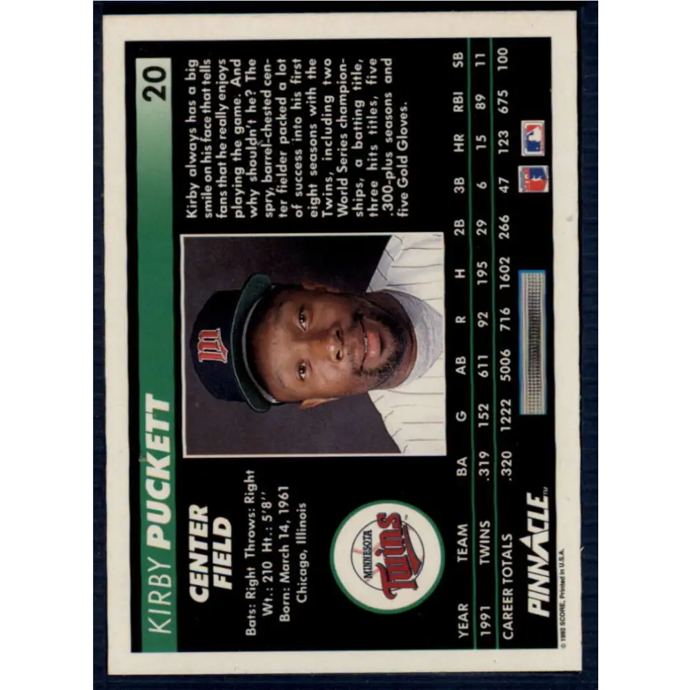 1992 Pinnacle #20 Kirby Puckett EX Minnesota Twins Baseball Card Image 2