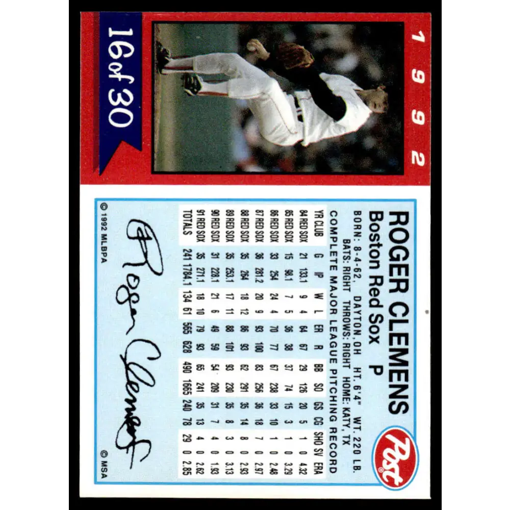 1992 Post Cereal #16 Roger Clemens EX/NM Boston Red Sox Baseball Card Image 2