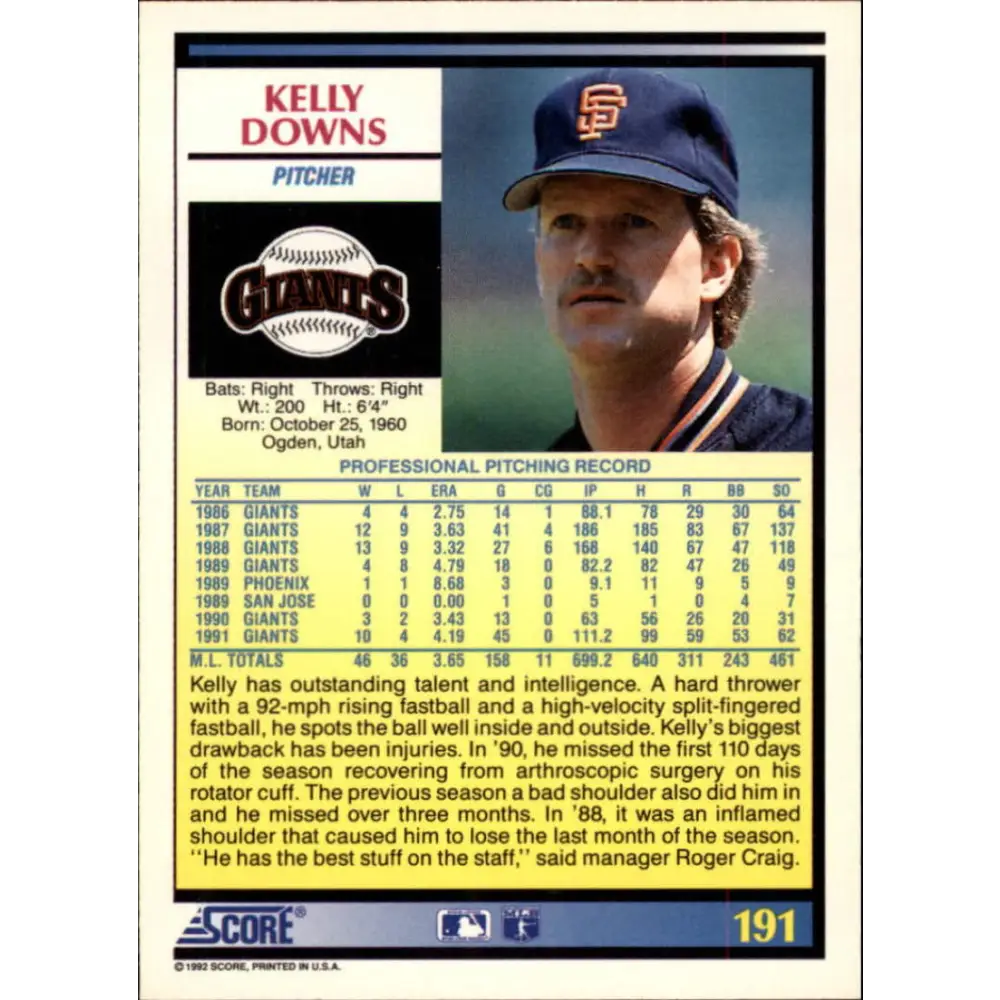 1992 Score #191 Kelly Downs NM-MT San Francisco Giants Baseball Card Image 2