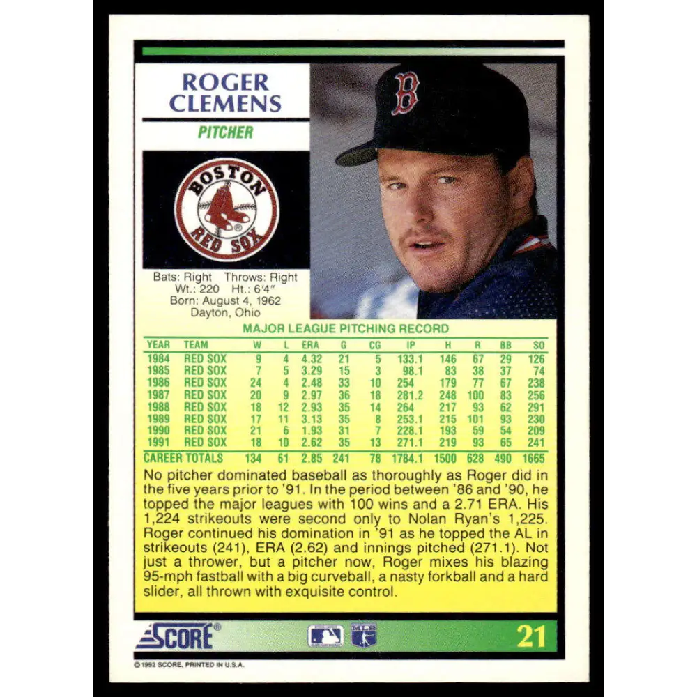 1992 Score #21 Roger Clemens EX/NM Boston Red Sox Baseball Card Image 2