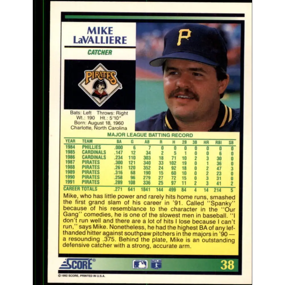 1992 Score #38 Mike LaValliere NM-MT Pittsburgh Pirates Baseball Card Image 2