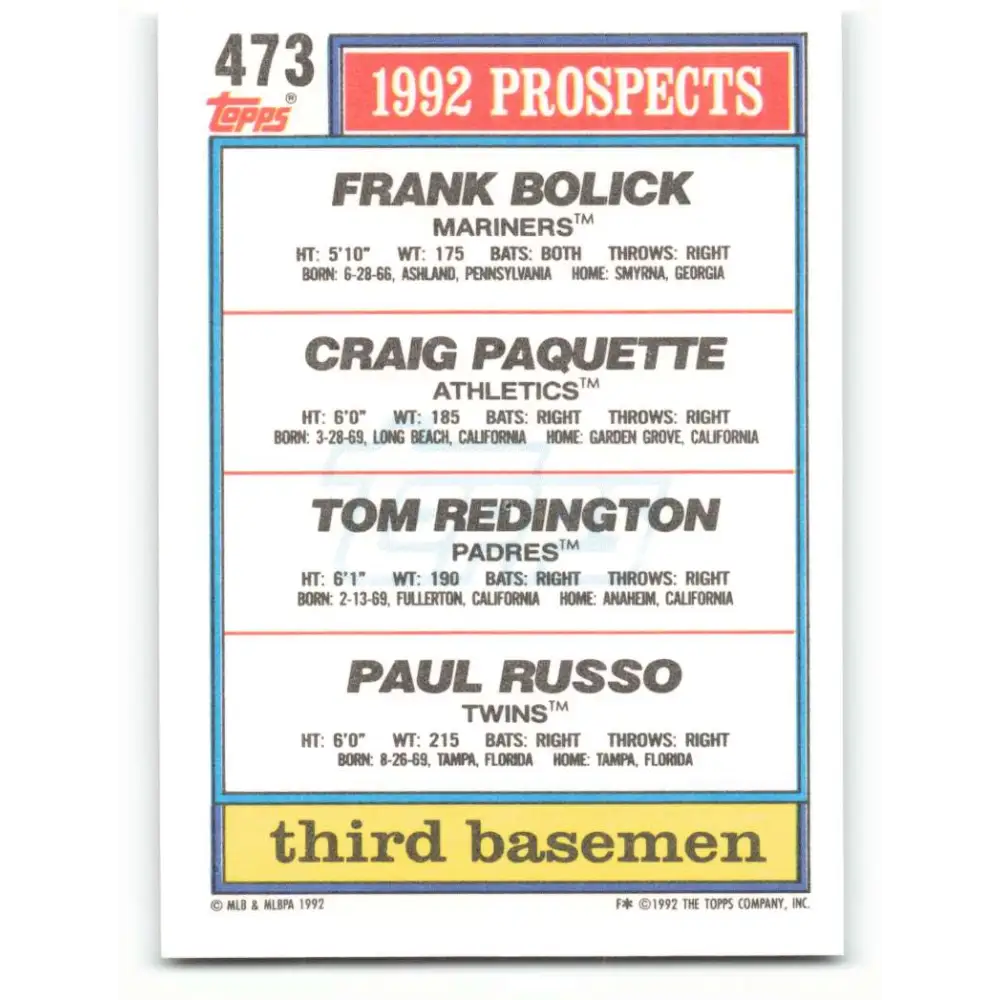 1992 Topps #473 Frank Bolick/Craig Paquette/Tom Redington/Paul Russo EX Excellent Seattle Mariners/Oakland Athletics/San Diego Padres/Minnesota Twins  Image 2