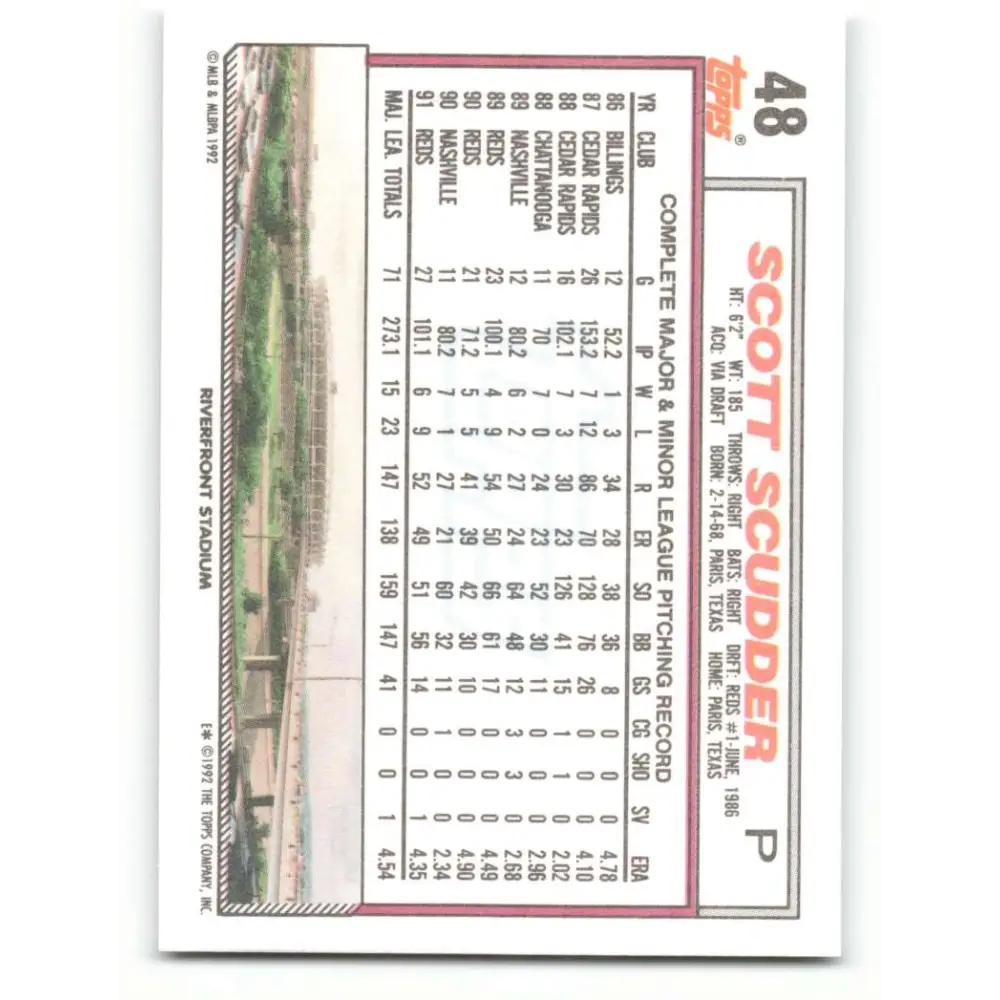 1992 Topps #48 Scott Scudder NM-MT Cincinnati Reds Baseball Card  Image 2