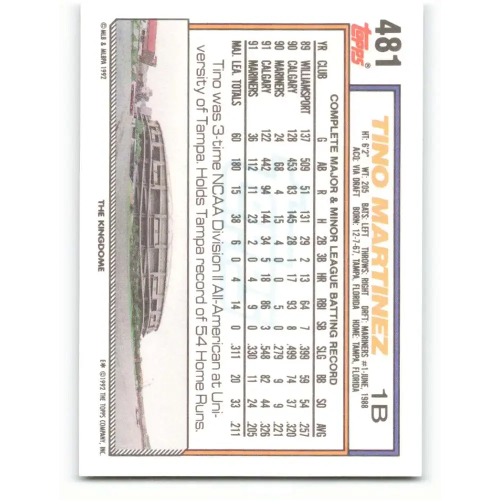 1992 Topps #481 Tino Martinez EX Excellent Seattle Mariners Baseball Card  Image 2