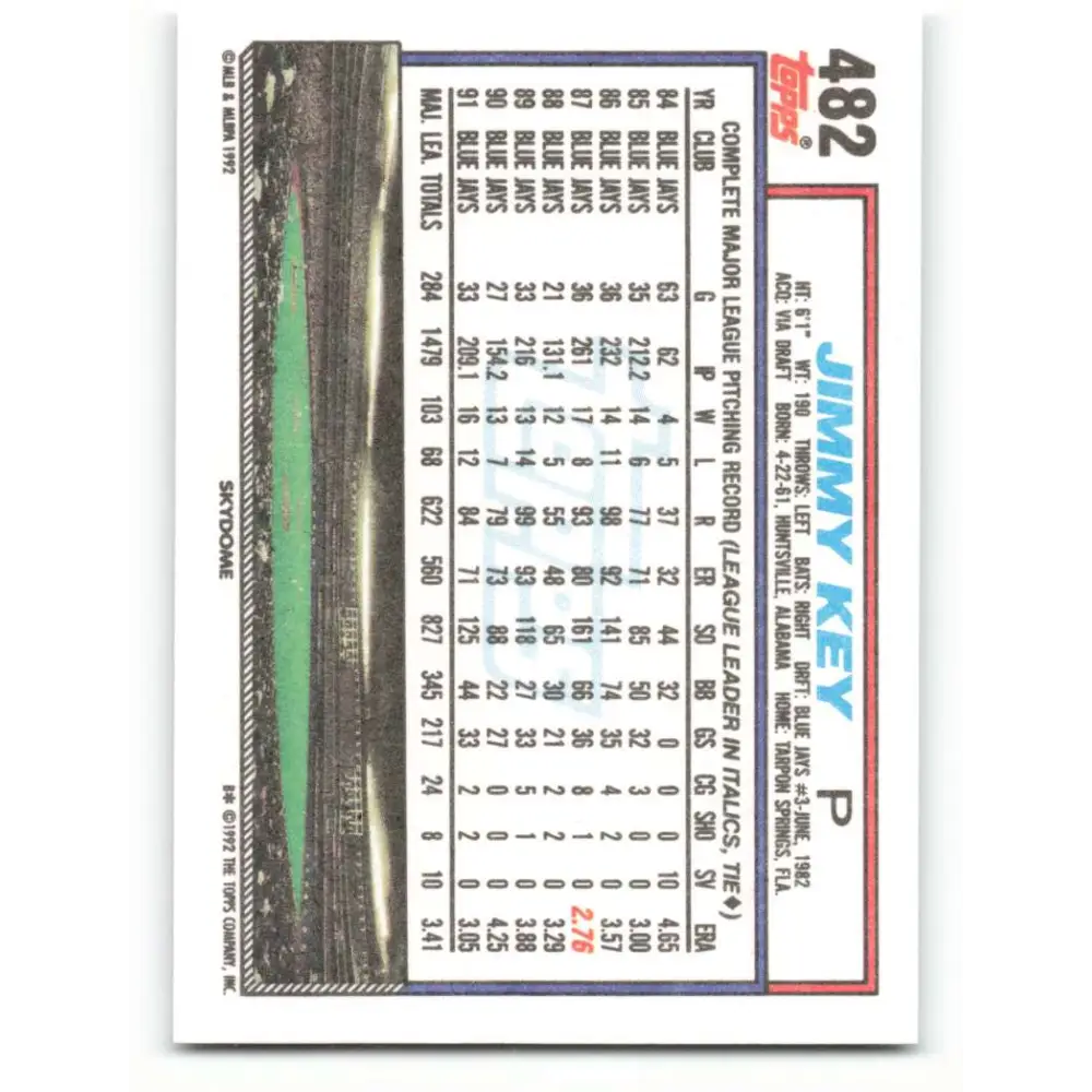 1992 Topps #482 Jimmy Key NM-MT Toronto Blue Jays Baseball Card  Image 2