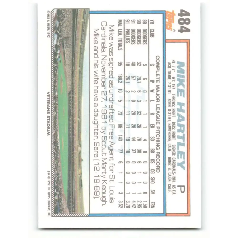 1992 Topps #484 Mike Hartley NM-MT Philadelphia Phillies Baseball Card  Image 2