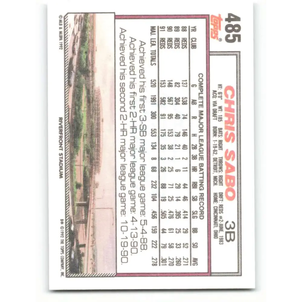 1992 Topps #485 Chris Sabo NM-MT Cincinnati Reds Baseball Card  Image 2