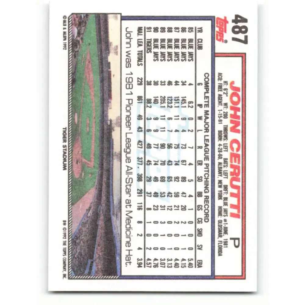 1992 Topps #487 John Cerutti NM-MT Detroit Tigers Baseball Card  Image 2