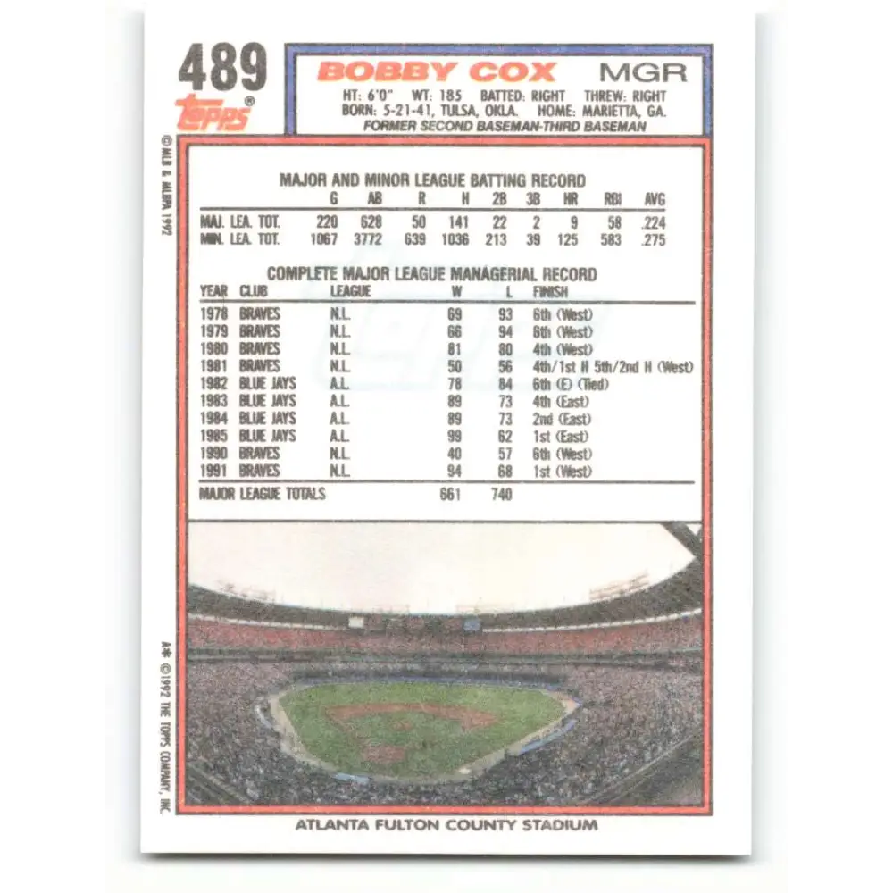 1992 Topps #489 Bobby Cox NM-MT Atlanta Braves Baseball Card  Image 2