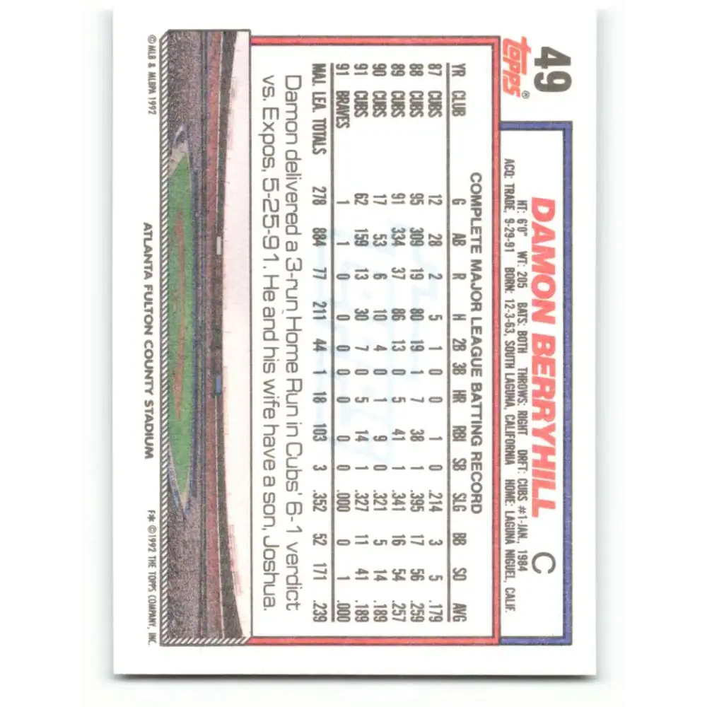 1992 Topps #49 Damon Berryhill NM-MT Atlanta Braves Baseball Card  Image 2
