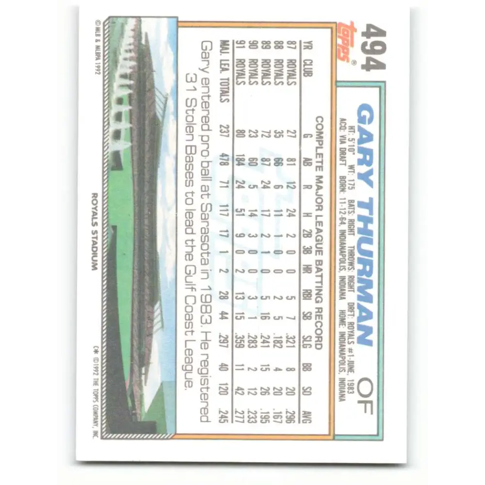 1992 Topps #494 Gary Thurman NM-MT Kansas City Royals Baseball Card  Image 2