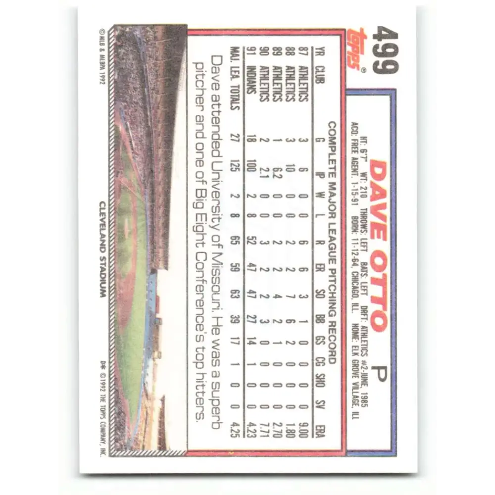 1992 Topps #499 Dave Otto NM-MT Cleveland Indians Baseball Card  Image 2