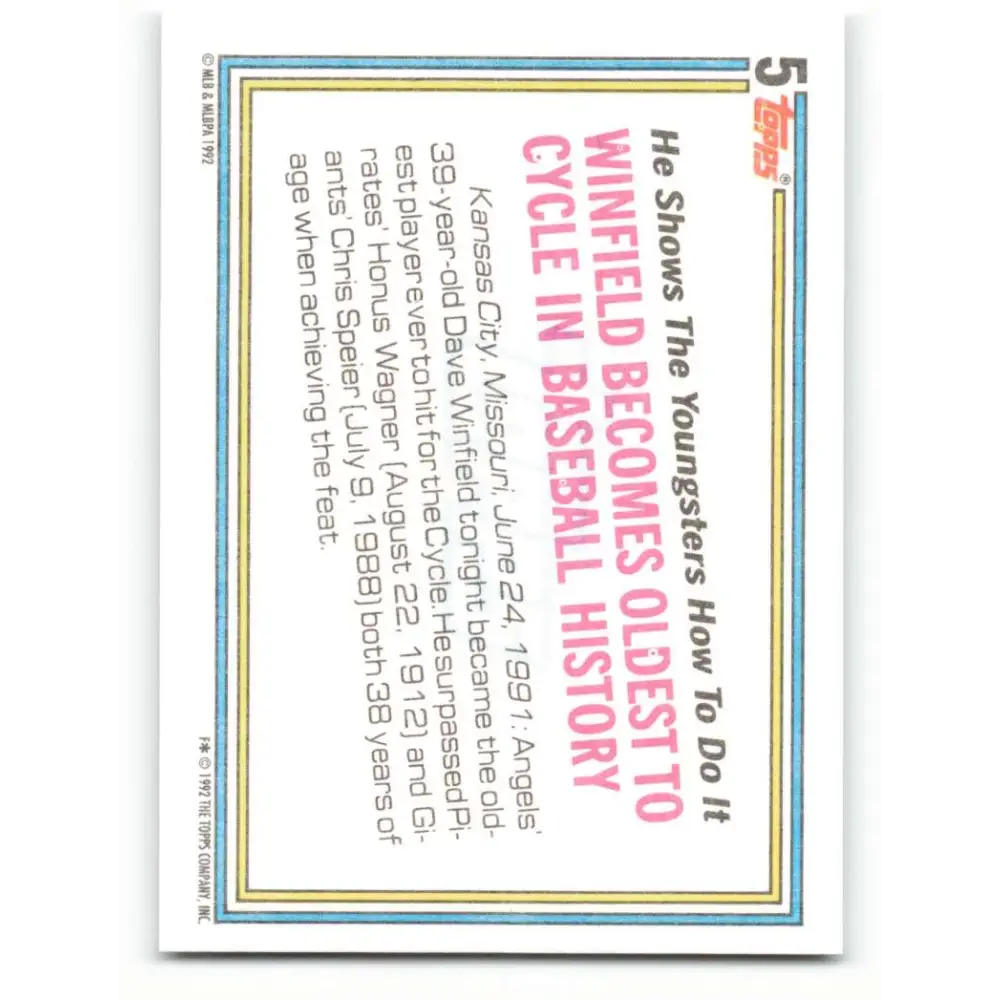 1992 Topps #5 Dave Winfield NM-MT California Angels Baseball Card  Image 2