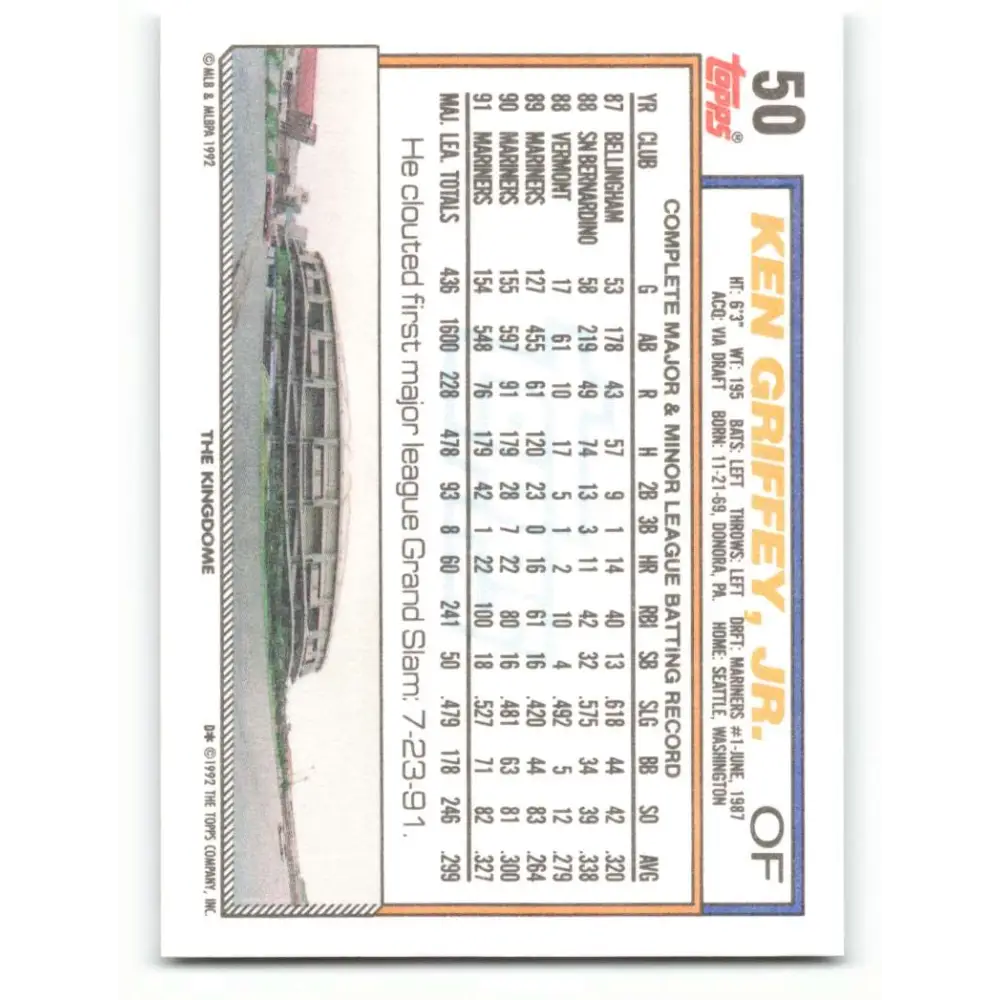 1992 Topps #50 Ken Griffey Jr. NM-MT Seattle Mariners Baseball Card  Image 2