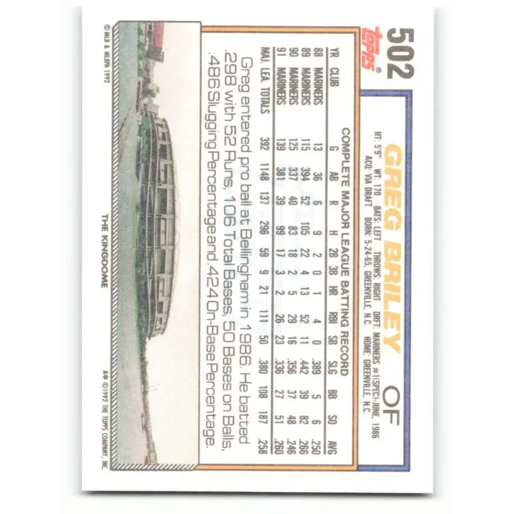 1992 Topps #502 Greg Briley NM-MT Seattle Mariners Baseball Card  Image 2
