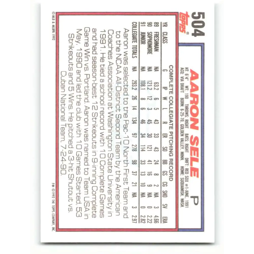 1992 Topps #504 Aaron Sele NM-MT RC Rookie Boston Red Sox Baseball Card  Image 2